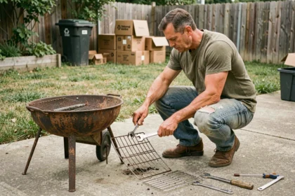Homme démontant un vieux barbecue rouillé dans un jardin pour le recycler