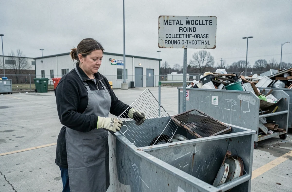 Femme déposant des pièces de barbecue dans un bac de recyclage de métaux en déchetterie