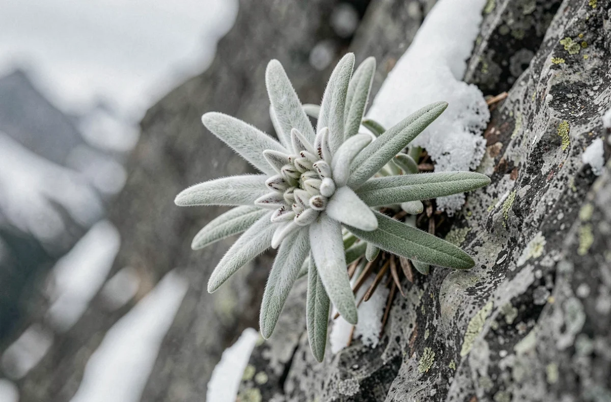 Edelweiss en fleur accroché à une paroi rocheuse alpine enneigée, fleur emblématique de résistance en montagne