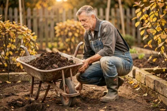Jardinier épandant du fumier composté dans un potager en automne avec une brouette en bois