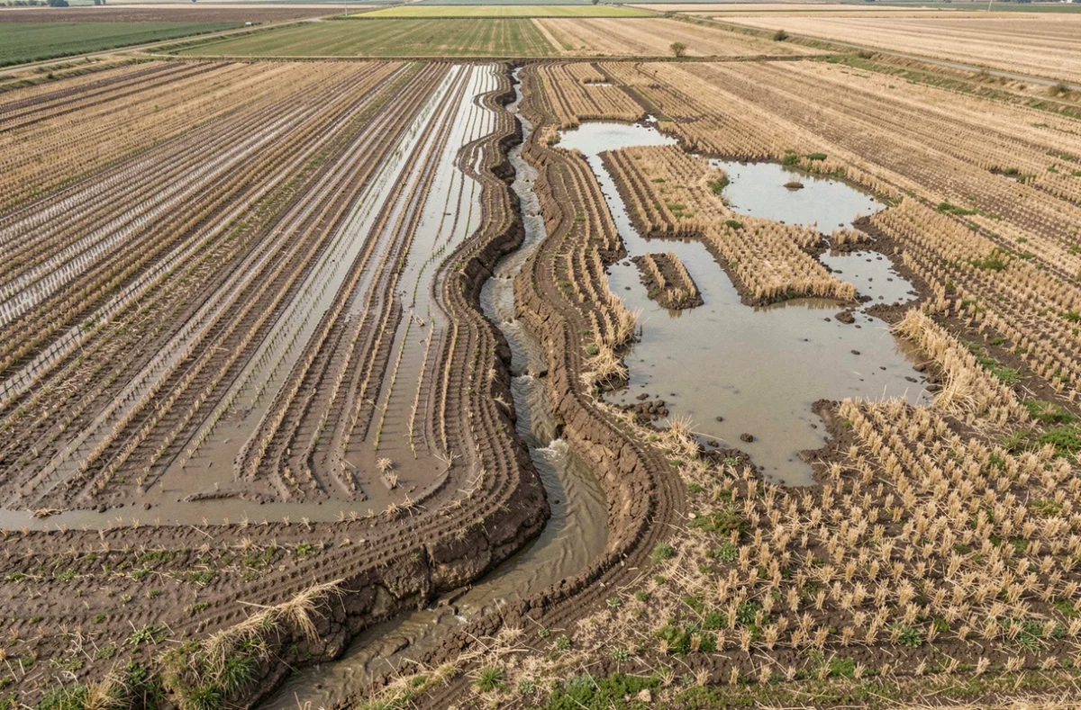 Vue aérienne d'un champ irrigué montrant l'érosion des sillons par le ruissellement d'eau et des zones de sol dégradées dues à une irrigation mal maîtrisée