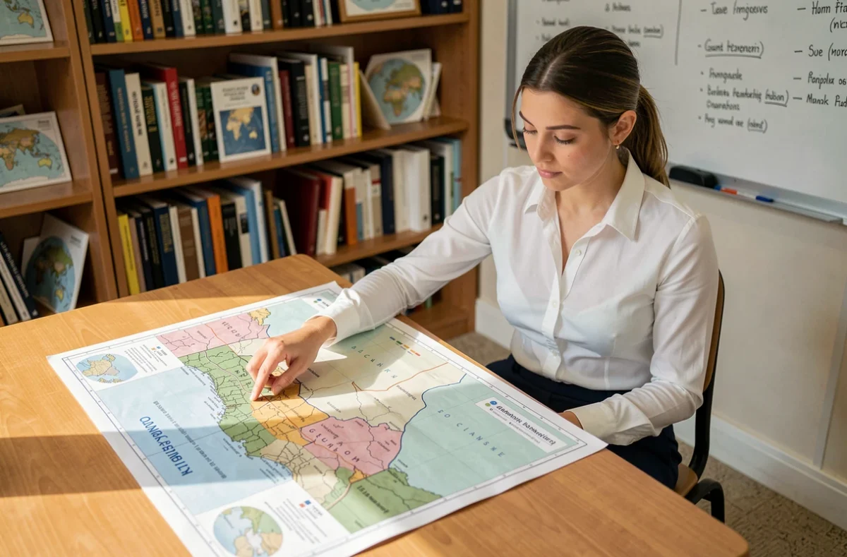 Étudiante en géographie analysant une carte de zonage bioclimatique dans un laboratoire universitaire