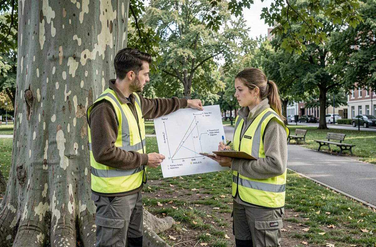 Deux étudiants en foresterie calculant la taille d'un platane en milieu urbain avec des outils de mesure