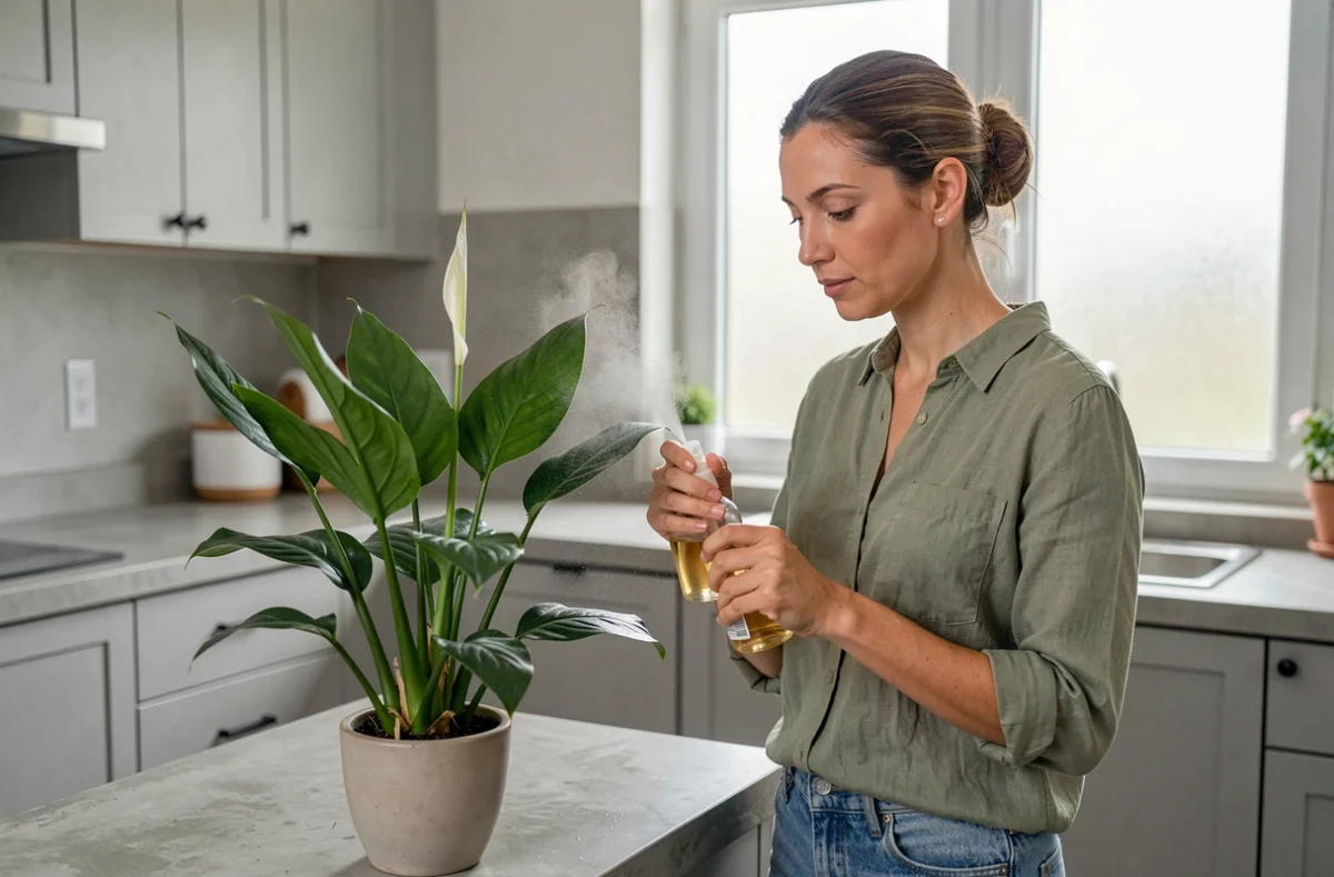 Femme arrosant une plante spathiphyllum dépolluante dans une cuisine moderne