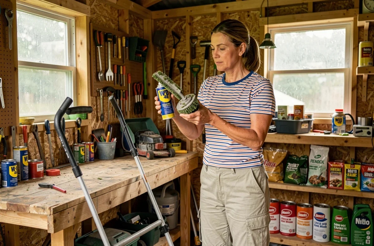 Femme dans un abri de jardin comparant un spray WD-40 et un plateau de tondeuse encrassé d'herbe avant entretien
