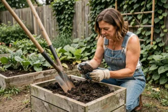 Femme jardinière retournant du compost mûr dans un bac en bois au jardin potager