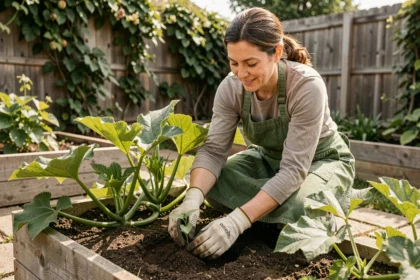 Femme jardinière plantant des courgettes dans un potager surélevé en bois, mains dans la terre, feuilles de courgettes vertes au premier plan