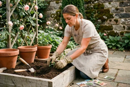 Femme jardinière plantant des semis dans un carré potager en bois rempli de compost riche, entourée d'outils de jardinage et de végétation luxuriante