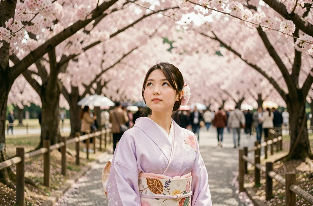 Jeune femme en kimono japonais observant les cerisiers en fleurs lors d'un hanami dans un parc au printemps