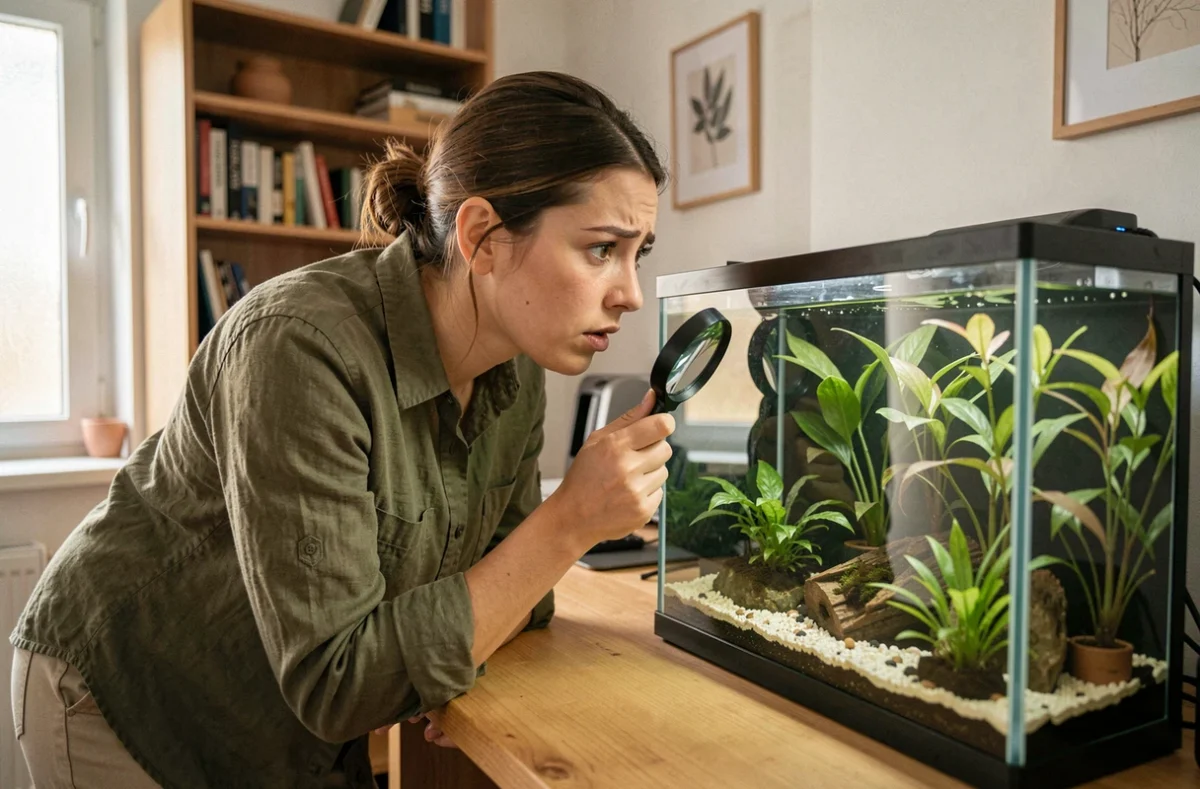 Femme inspectant la croissance de la mousse de Java dans son aquarium planté à la maison
