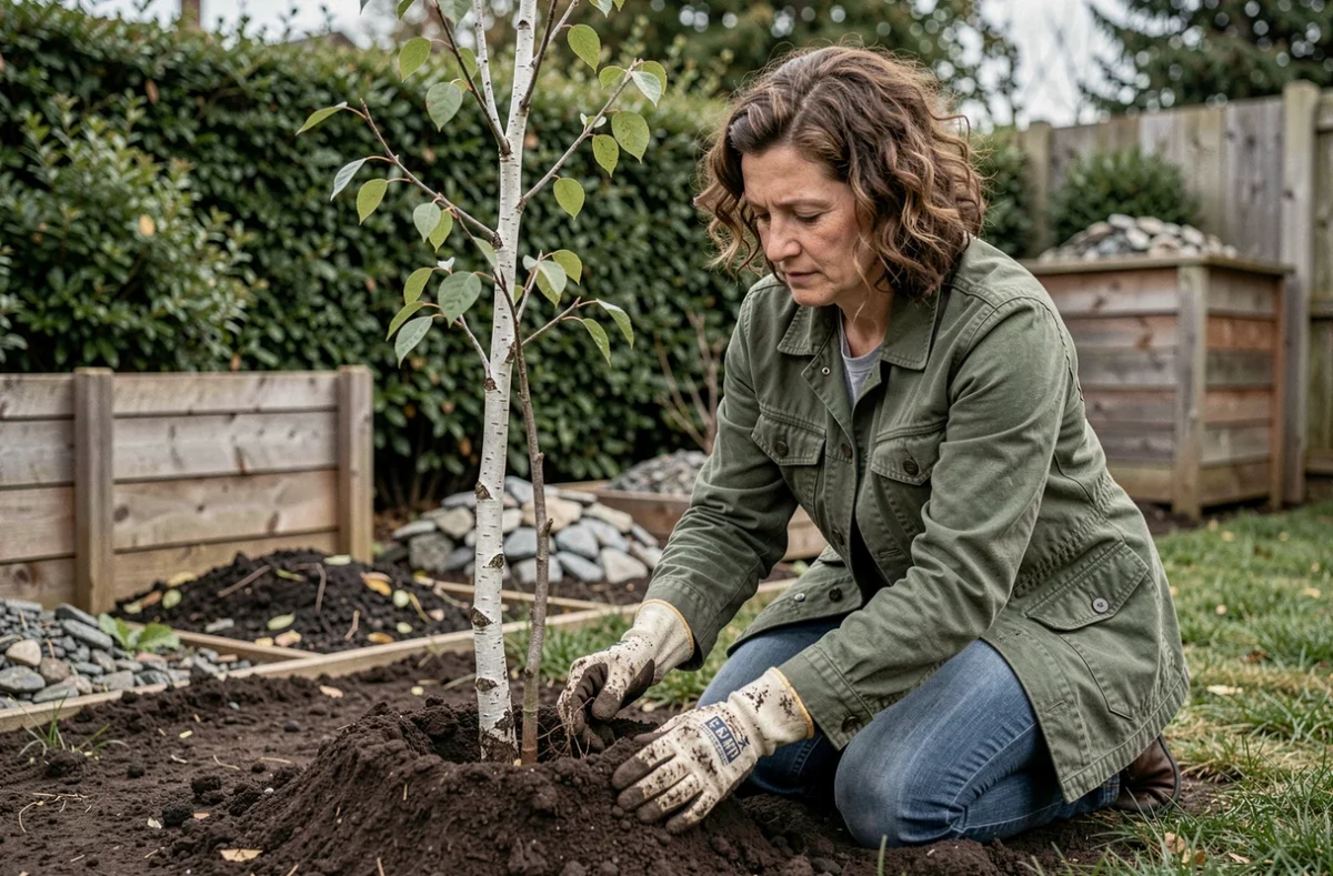 Femme plantant un jeune bouleau argenté dans un jardin suburban pour favoriser la biodiversité locale
