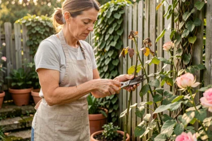 Femme taillant un rosier fané dans un jardin pour favoriser la refloraison