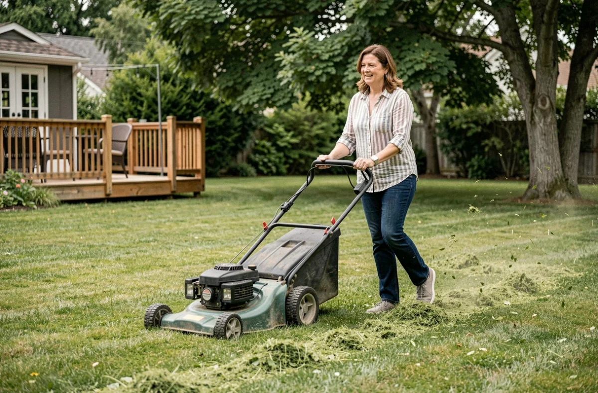 Femme tondant sa pelouse et laissant les rognures de gazon se déposer naturellement sur le sol du jardin