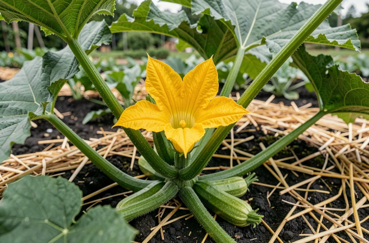 Fleur de courgette jaune en pleine floraison avec de jeunes courgettes vertes sur la tige dans un potager mulché de paille