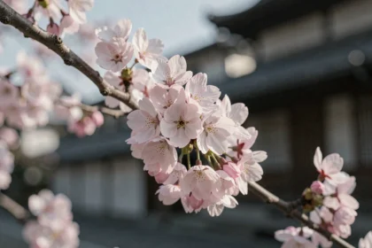 Branche de cerisier sakura en pleine floraison devant une architecture japonaise traditionnelle au printemps