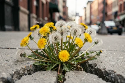 Pissenlits résistants poussant à travers un trottoir en béton fissuré en milieu urbain