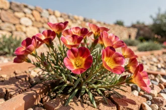 Fleurs de portulaca grandiflora aux pétales magenta et orange résistant à la chaleur dans un jardin méditerranéen sec