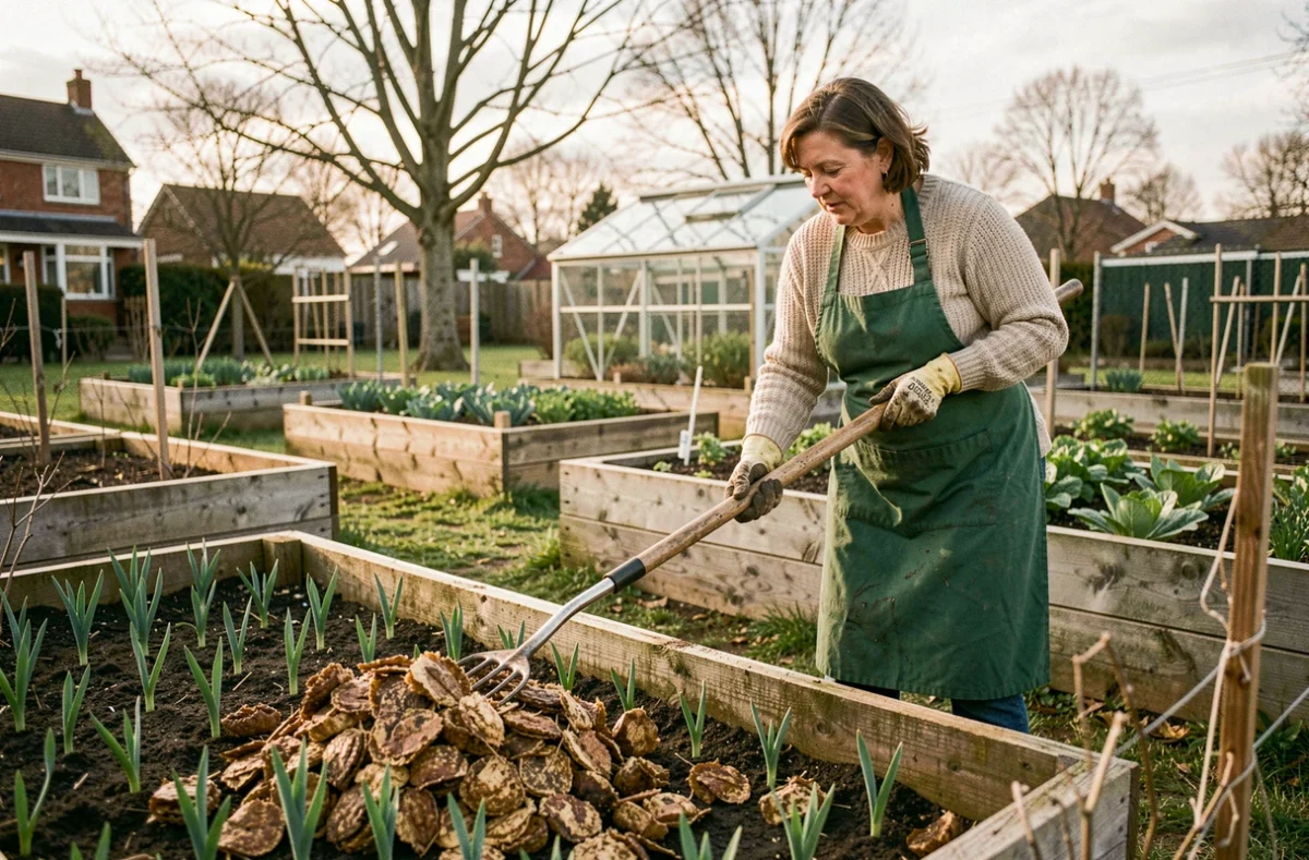 Femme étalant du fumier de cheval sur un carré potager surélevé au printemps