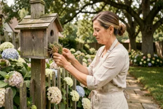 Femme plaçant de la paille et de la mousse dans un nichoir en bois fixé sur un poteau de jardin