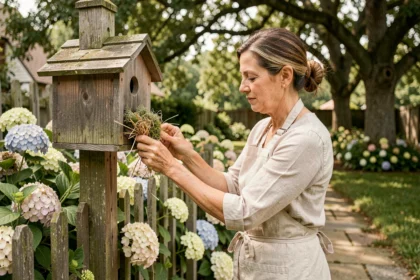 Femme plaçant de la paille et de la mousse dans un nichoir en bois fixé sur un poteau de jardin