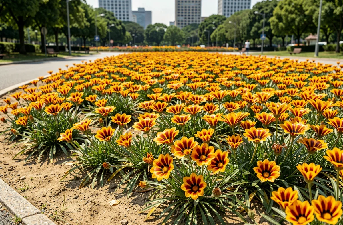 Parterre de gazanias en pleine floraison résistant à la chaleur dans un jardin public en été