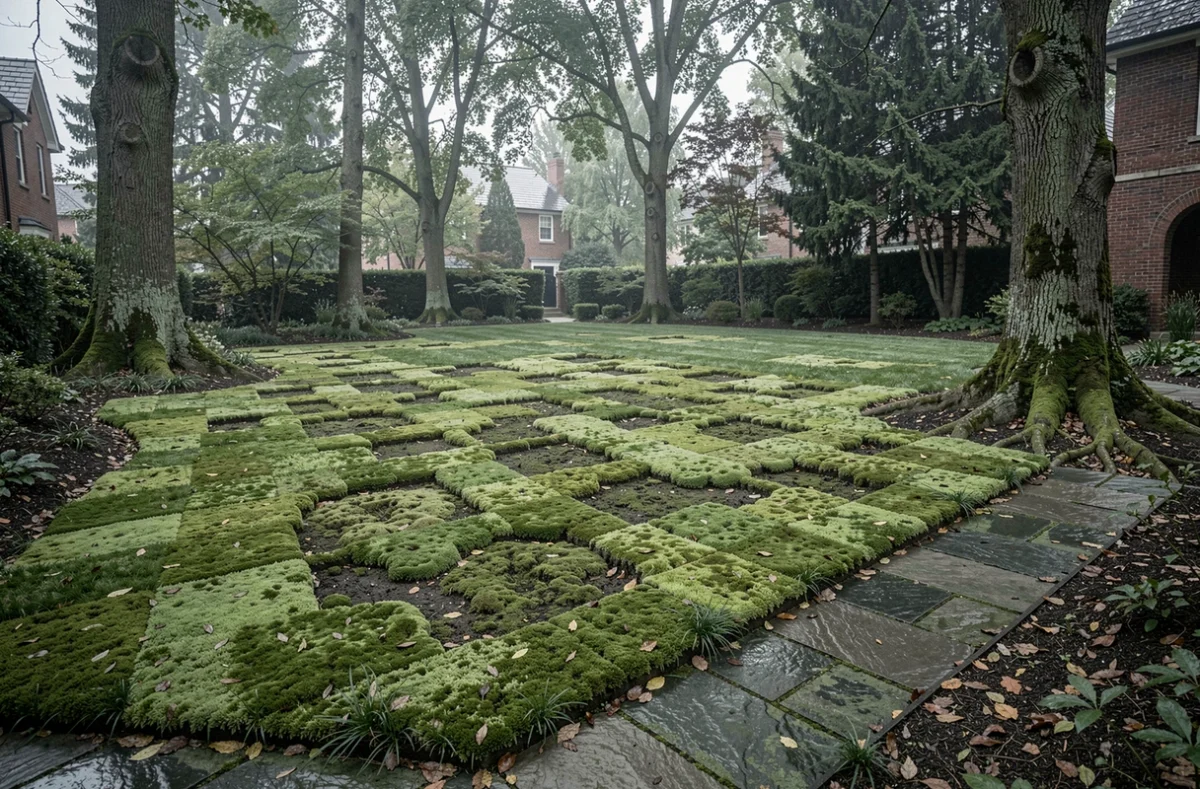 Vue grand angle d'un jardin ombragé avec une pelouse largement recouverte de mousse sous des arbres matures