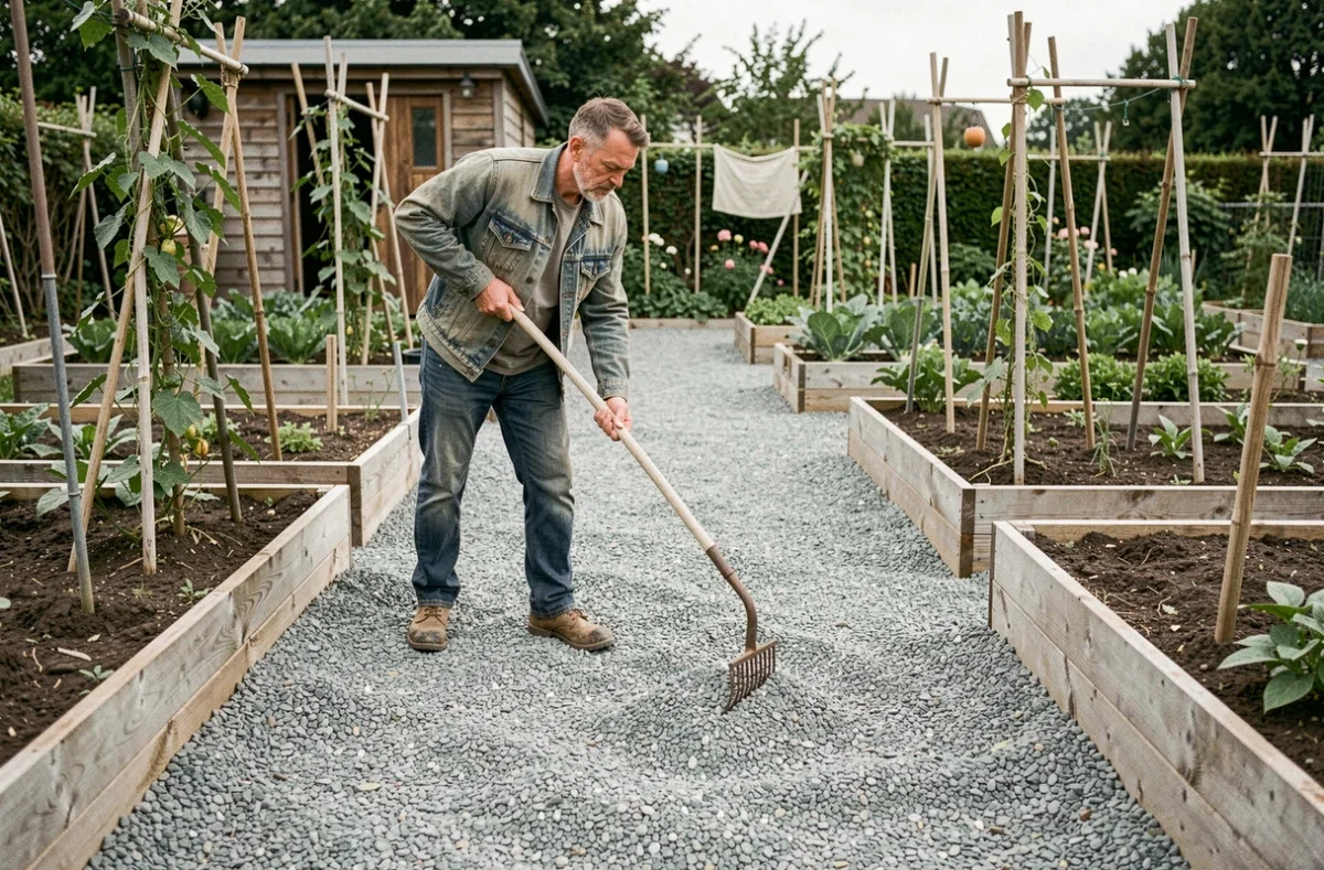 Homme qui étale du gravier sur une allée de potager avec un râteau