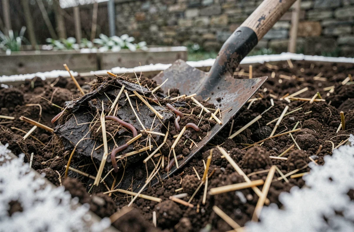 Gros plan d'une bêche retournant du fumier composté dans un sol de jardin en fin d'hiver