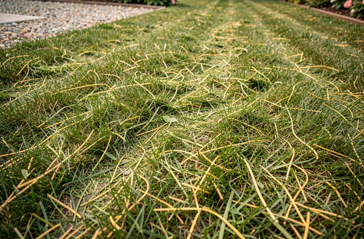 Gros plan sur les tontes de gazon laissées en mulch sur une pelouse verte après la coupe