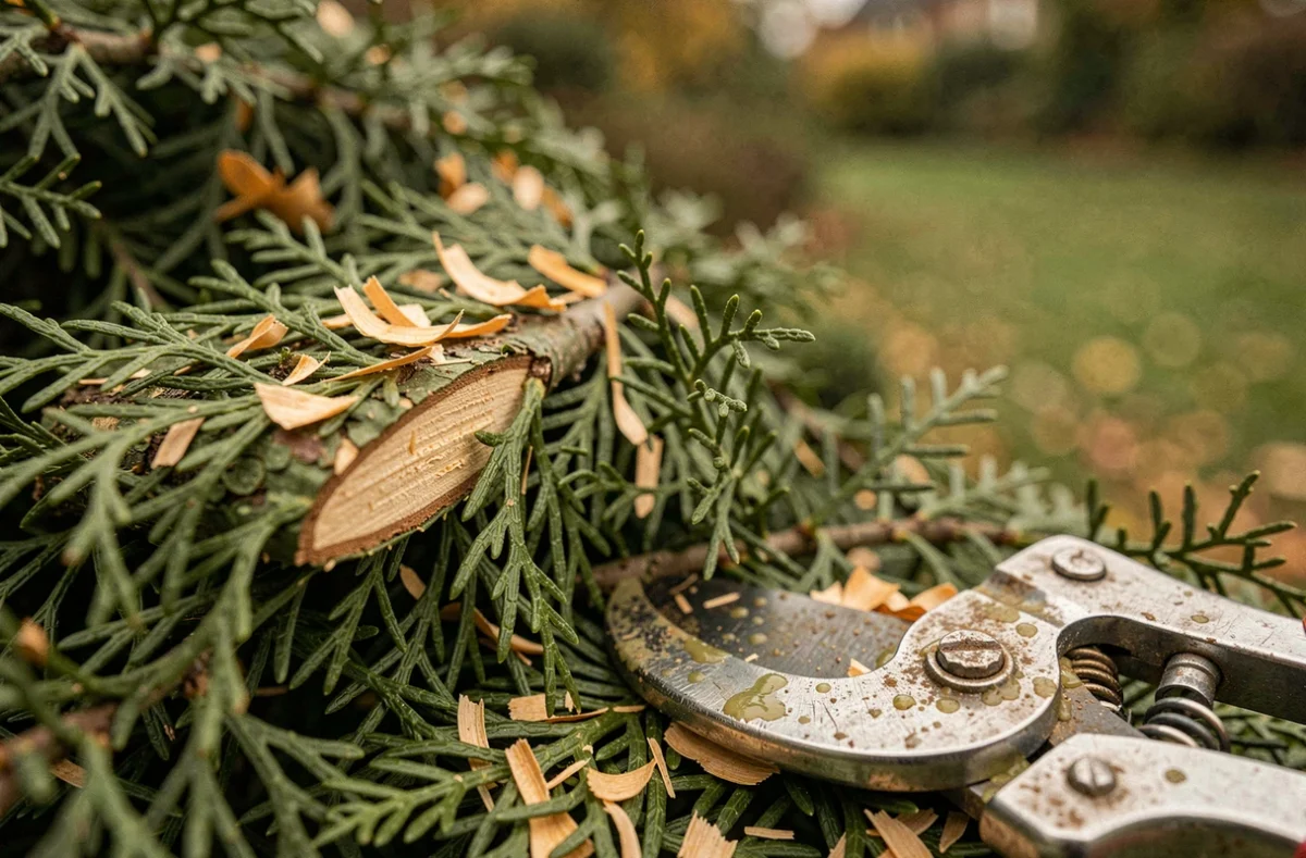 Gros plan sur des branches de cèdre fraîchement taillées avec un sécateur posé sur la haie en automne