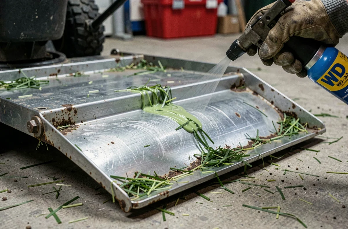 Gros plan sur le dessous d'un plateau de tondeuse enduit de WD-40 avec des touffes d'herbe verte glissant sur la surface métallique