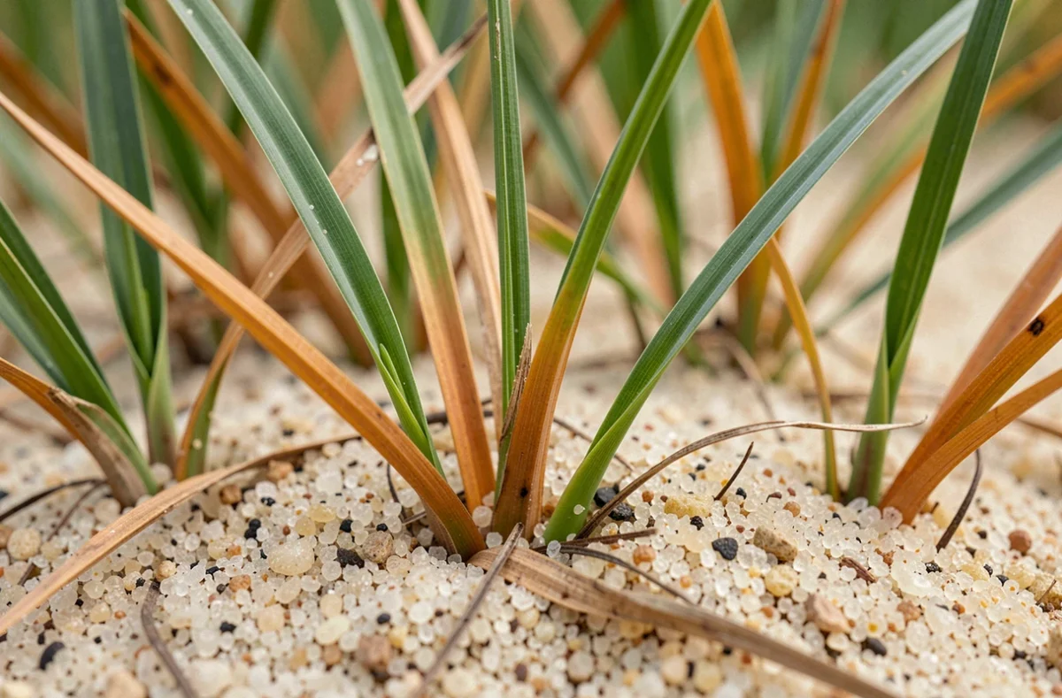 Gros plan de gazon zoysia poussant dans un sol sablonneux avec détail des grains de sable et des racines
