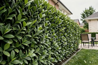 Haie de laurier palme dense formant une barrière naturelle d'intimité entre deux jardins résidentiels