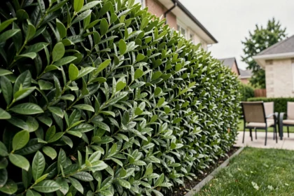 Haie de laurier palme dense formant une barrière naturelle d'intimité entre deux jardins résidentiels