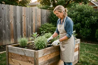 Femme jardinant debout dans un potager surélevé en bois de 80 cm de hauteur dans un jardin résidentiel