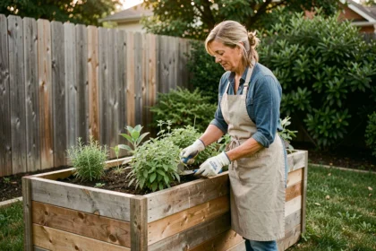 Femme jardinant debout dans un potager surélevé en bois de 80 cm de hauteur dans un jardin résidentiel