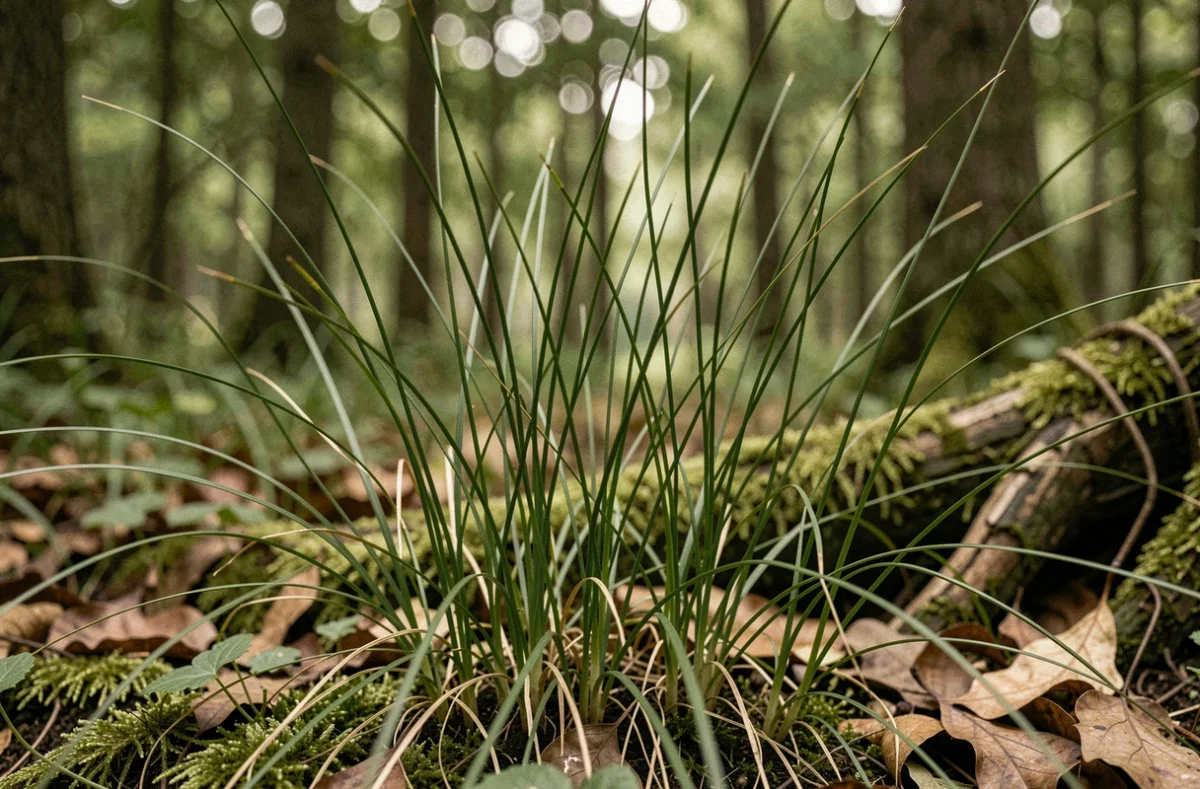 Herbe non tondue poussant en sous-bois ombragé avec mousse et litière de feuilles au sol