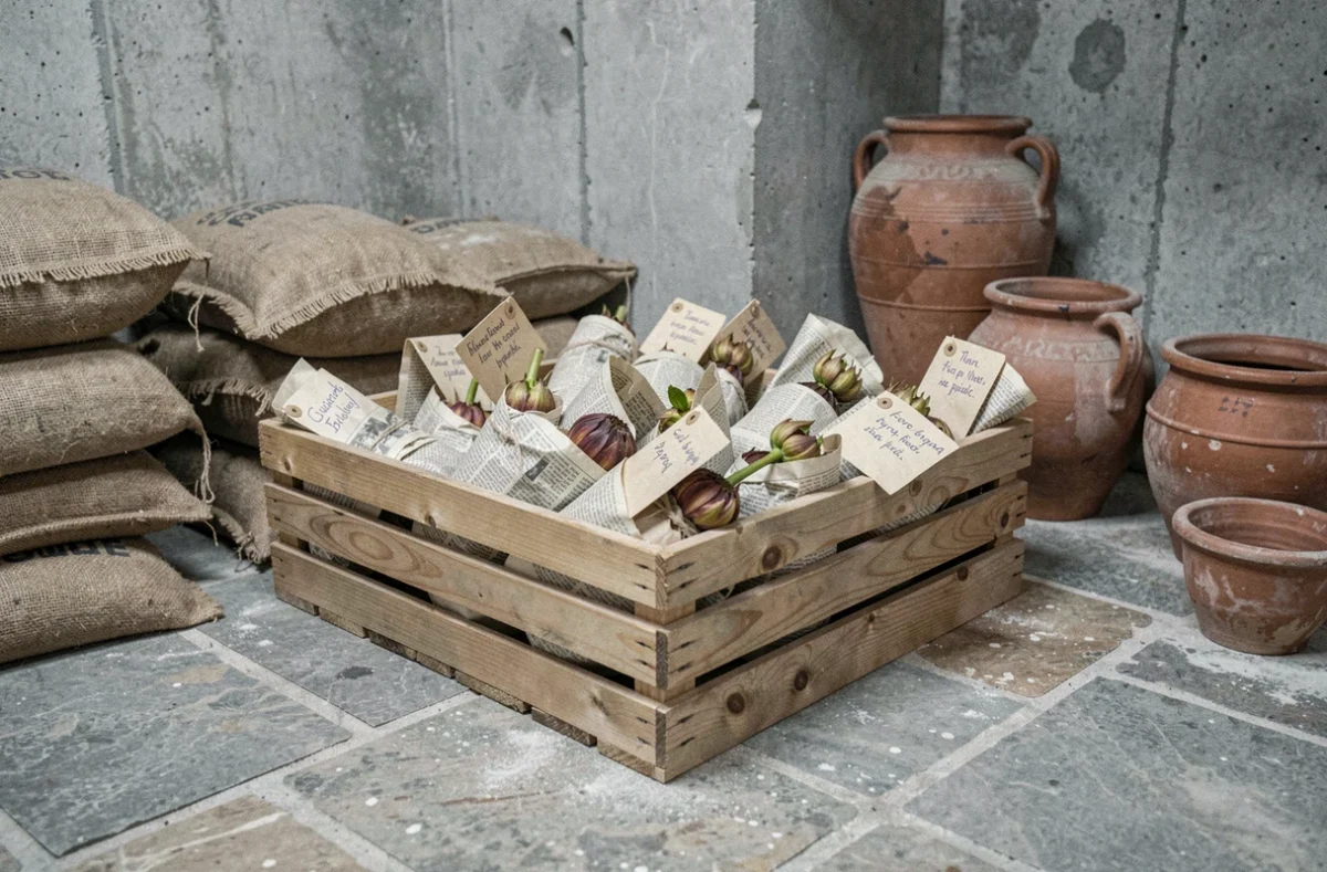 Caisse en bois contenant des tubercules de dahlia en hivernage enveloppés dans du papier journal