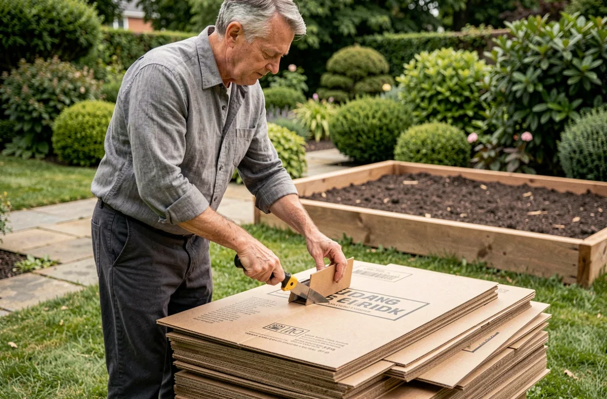 Homme découpant des cartons d'emballage aplatis pour les déposer au fond d'un massif de jardin comme paillage naturel
