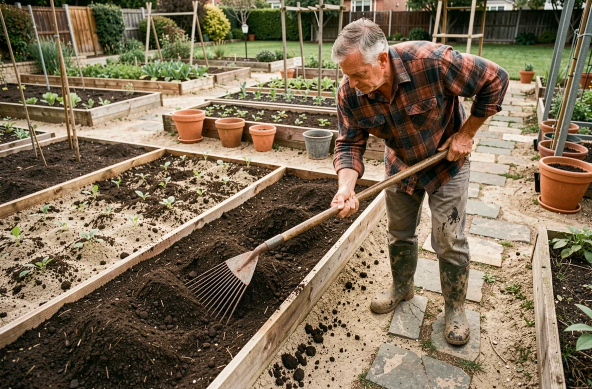 Homme étalant du compost sur une plate-bande potager avec un râteau dans un jardin pavillonnaire