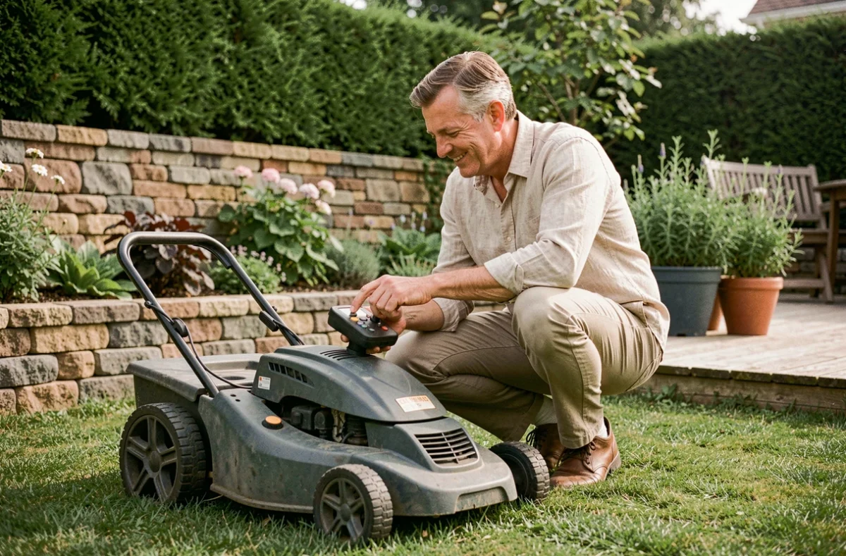 Homme d'âge mûr réglant un robot tondeuse dans son jardin résidentiel au printemps