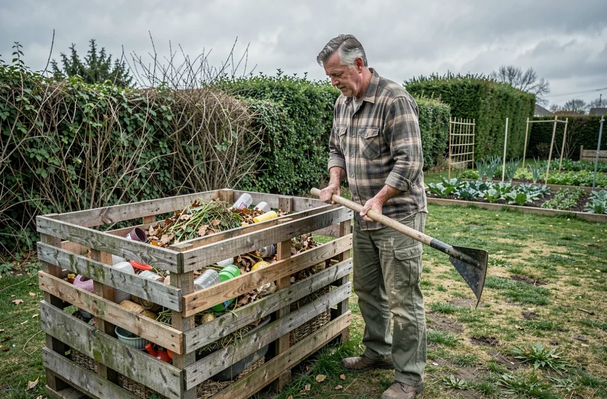 Homme retournant un composteur en bois de palettes dans un jardin potager, enrichissant la terre avec des matières organiques