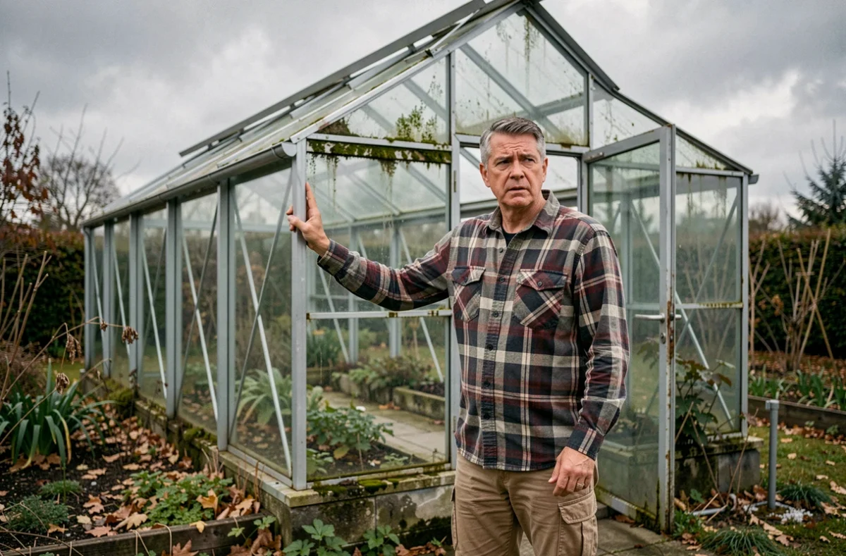 Homme perplexe regardant à travers les panneaux vitrés d'une serre de jardin en mauvais état entourée de feuilles mortes