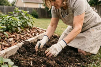 Femme qui incorpore du compost dans le sol du jardin pour améliorer l'infiltration de l'eau