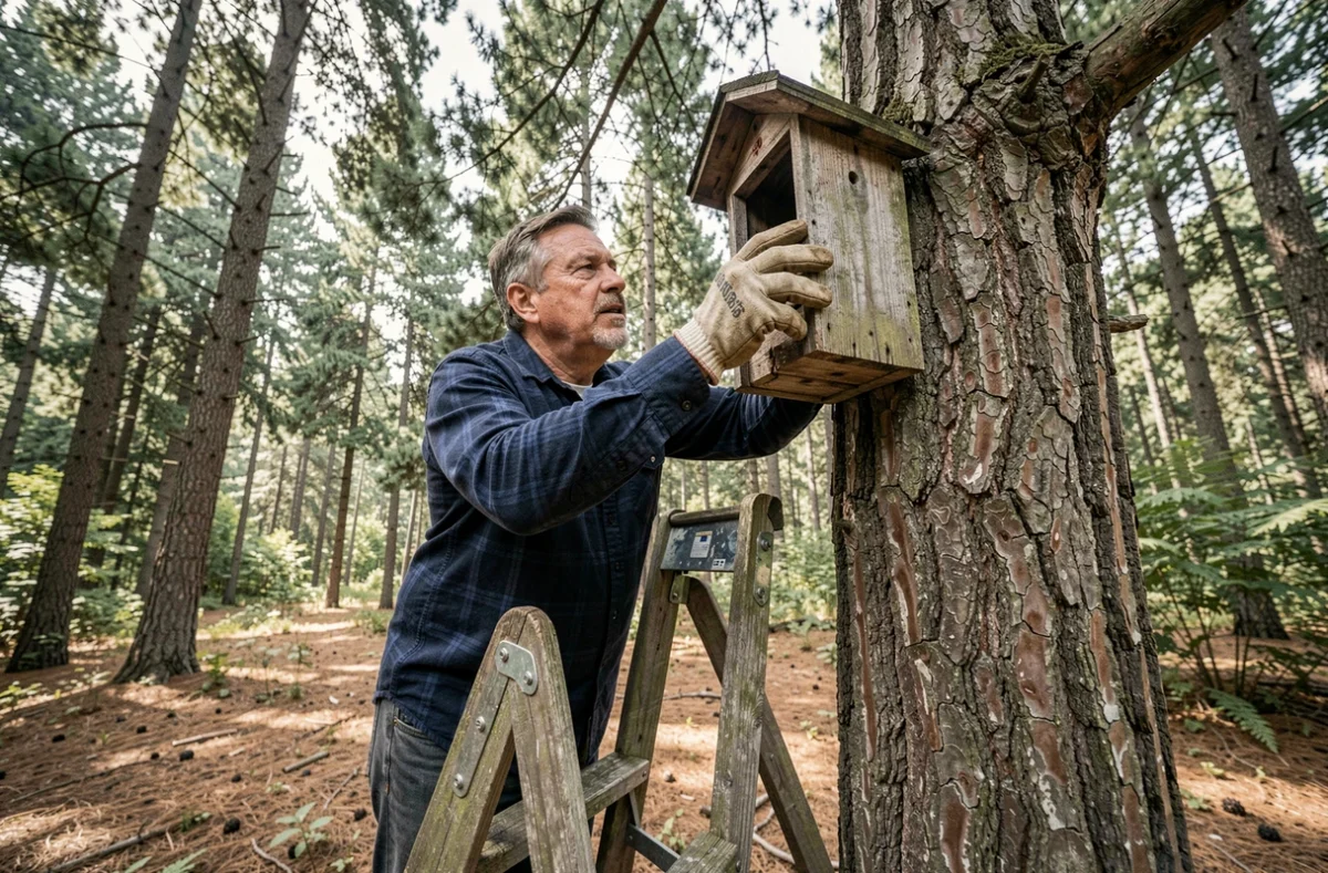 Homme sur un escabeau inspectant l'intérieur d'un nichoir accroché à un tronc de pin en forêt