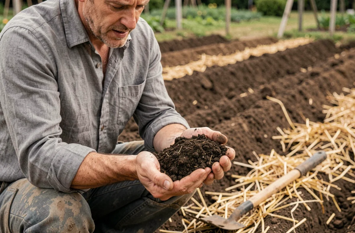 Homme inspectant une poignée de terre riche dans un jardin potager préparé pour la saison