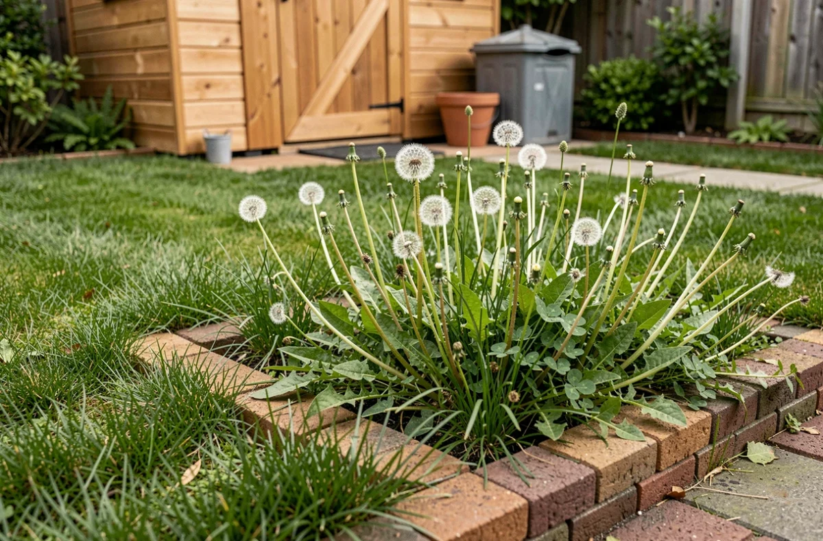 Coin de jardin non tondu avec herbes sauvages contrastant avec une pelouse entretenue en banlieue