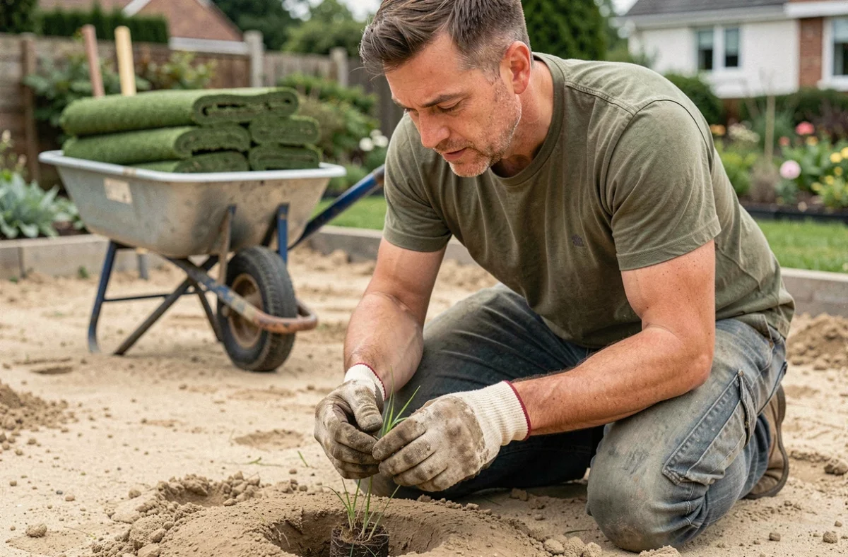 Jardinier professionnel examinant un gazon adapté aux sols sablonneux lors d'une rénovation de pelouse