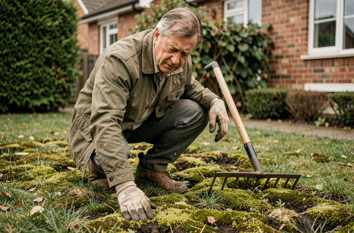 Jardinier examinant une pelouse envahie par la mousse dans un jardin de banlieue
