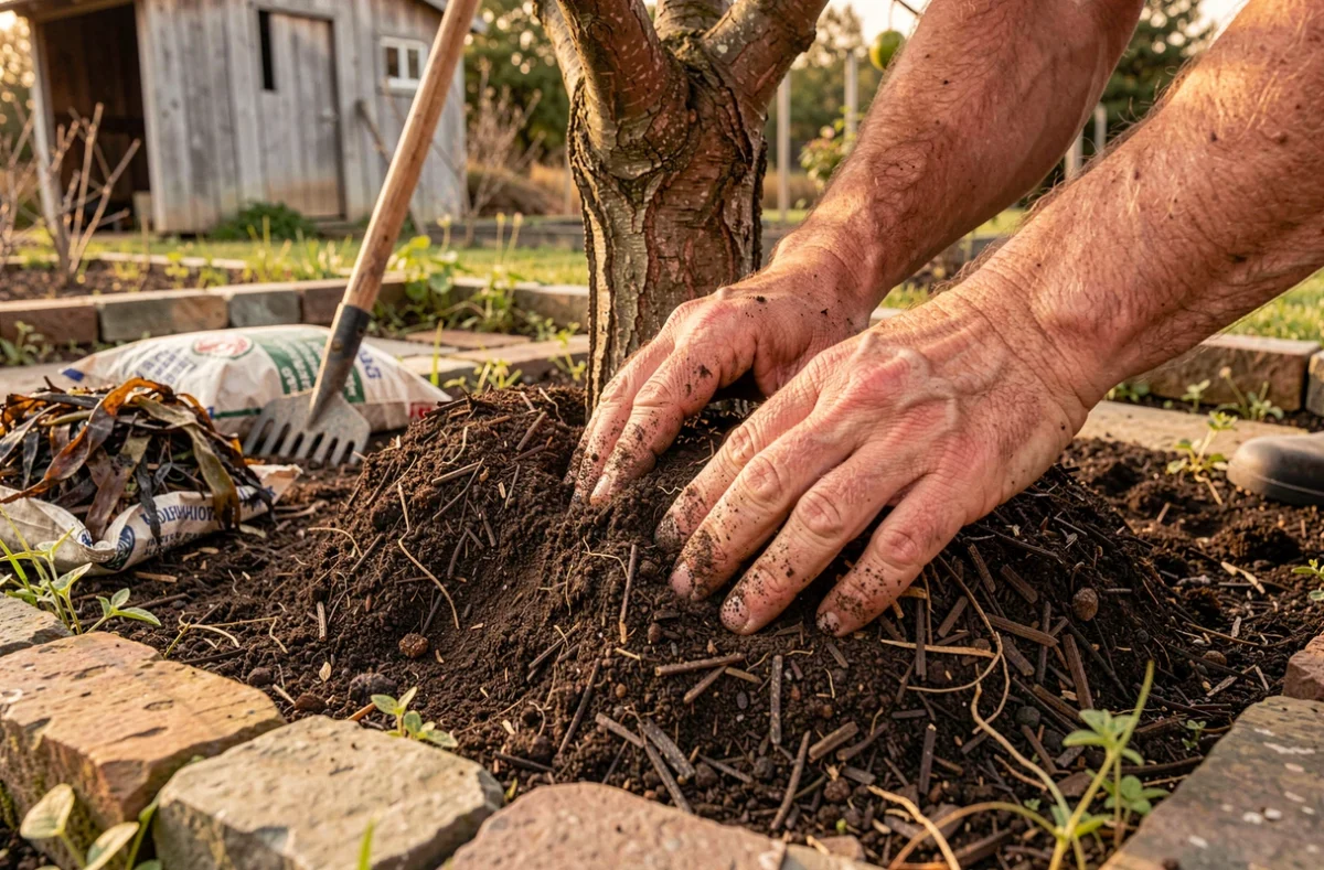 Mains épandant du paillis organique autour d'un arbre fruitier dans un potager, avec engrais naturel et outils de jardinage au sol